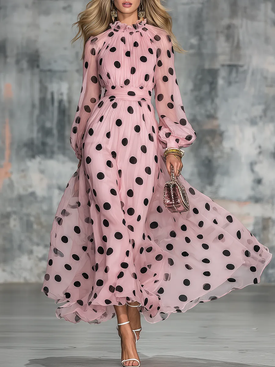 Elegant Vintage Polka Ruffled Stand Collar Dot Print Chiffon Midi Dress sold by Oyrosy