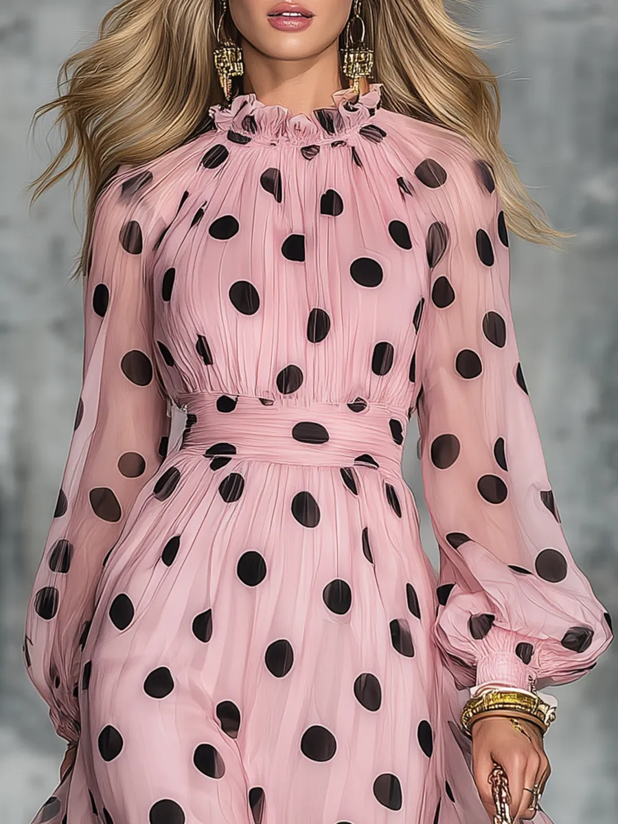 Elegant Vintage Polka Ruffled Stand Collar Dot Print Chiffon Midi Dress sold by Oyrosy product image thumbnail 3