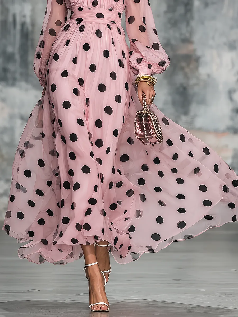 Elegant Vintage Polka Ruffled Stand Collar Dot Print Chiffon Midi Dress sold by Oyrosy product image thumbnail 4