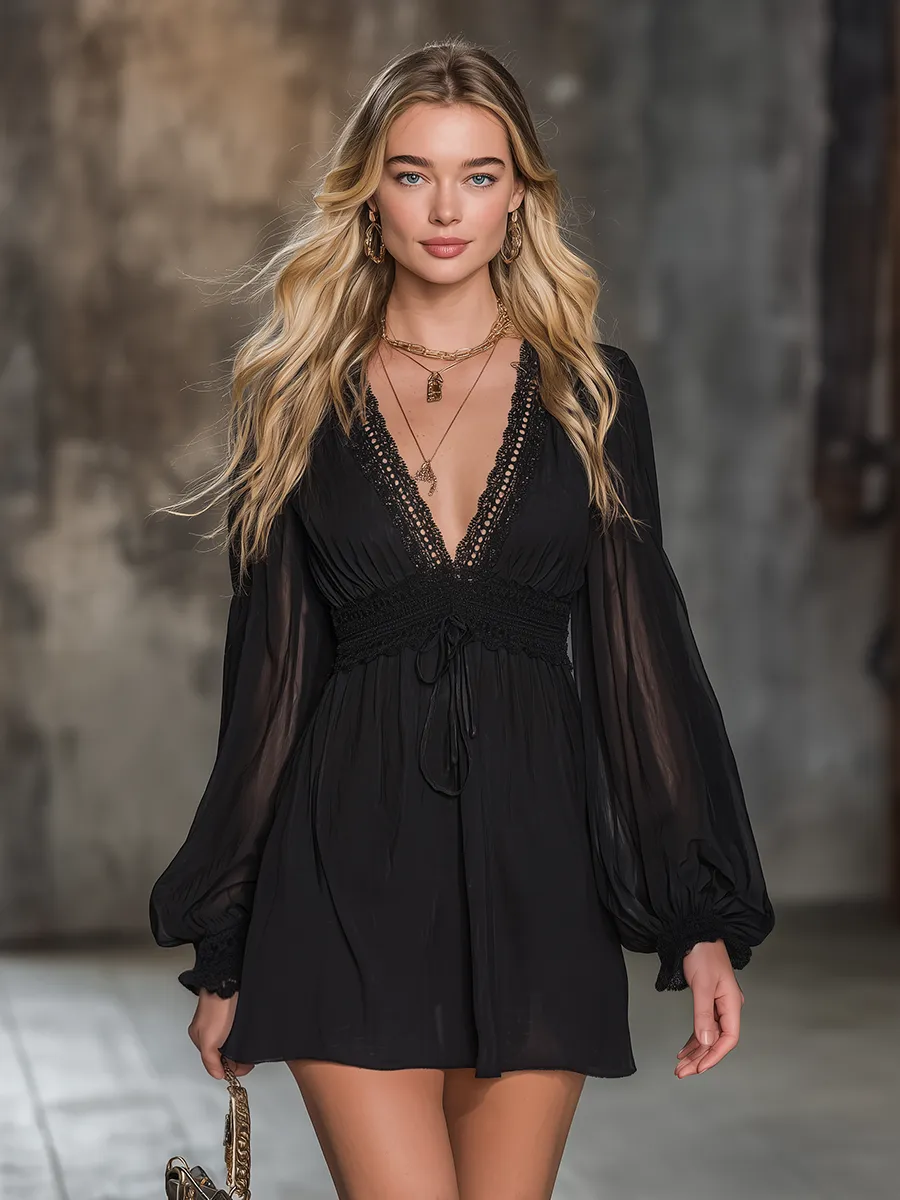 Bohemian Style Vintage And Elegant V-neck Chiffon Mini Dress sold by Oyrosy product image thumbnail 2