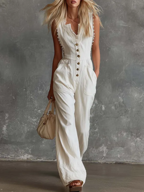 Elegant Vintage Western V-neck Front Buttons Lace Trim White Cotton Jumpsuit sold by Oyrosy