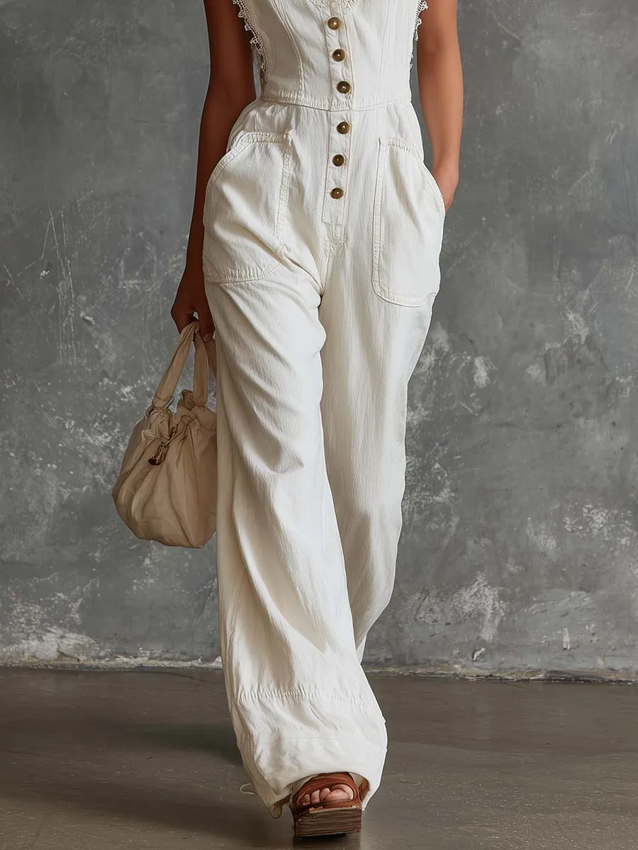 Elegant Vintage Western V-neck Front Buttons Lace Trim White Cotton Jumpsuit sold by Oyrosy product image thumbnail 4