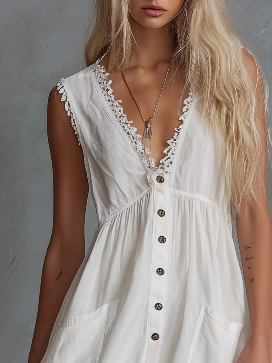 Elegant Vintage Western Lace V-neck Front-button White Cotton Mini Dress sold by Oyrosy product image thumbnail 3