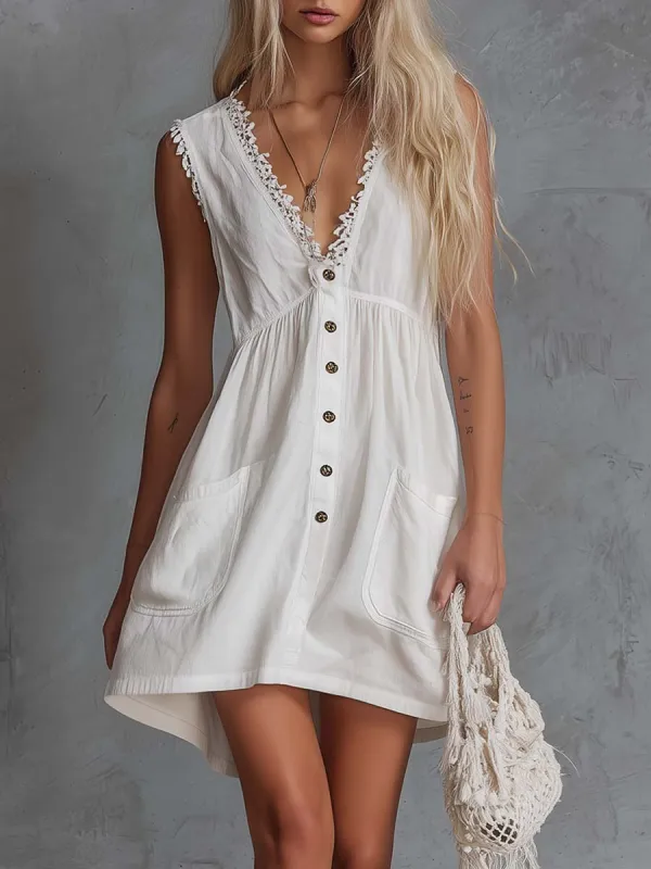 Elegant Vintage Western Lace V-neck Front-button White Cotton Mini Dress sold by Oyrosy