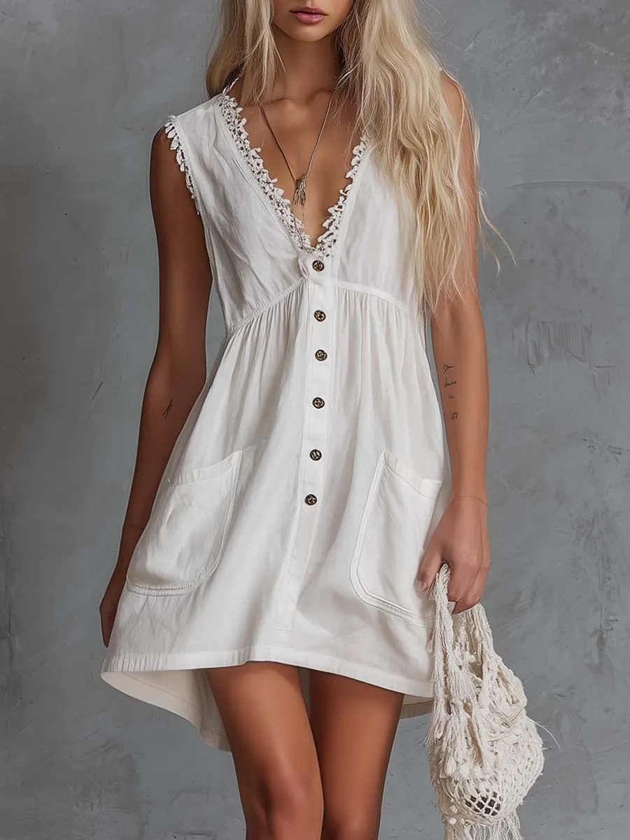 Elegant Vintage Western Lace V-neck Front-button White Cotton Mini Dress sold by Oyrosy