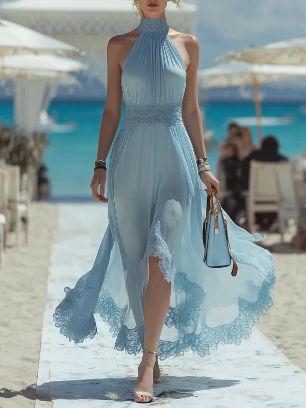 Vacation-style Blue Chiffon Halter-neck Maxi Dress With Lace Detailing. sold by Oyrosy