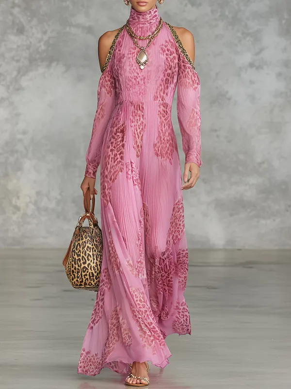 Elegant Pink Chiffon Pleated Off-the-shoulder With Leopard Print Maxi Dress sold by Oyrosy