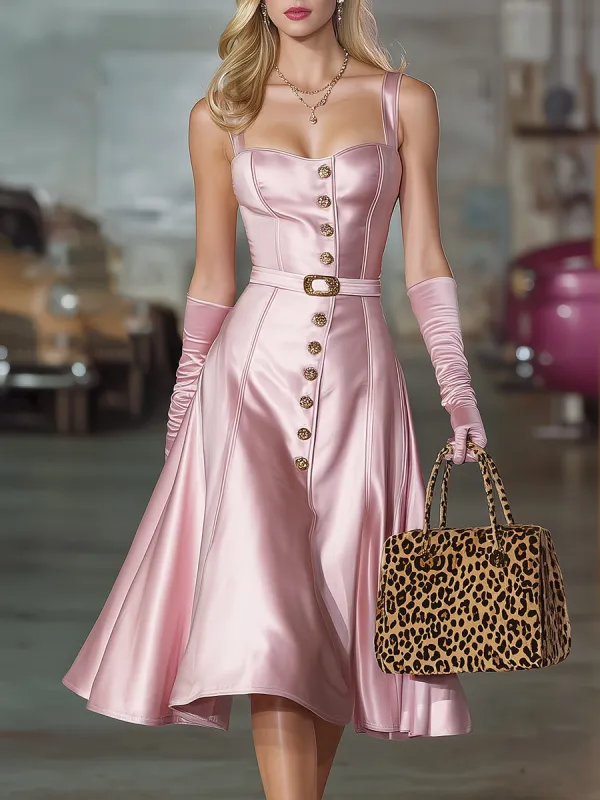 Elegant Pink Satin Slip Dress With Rhinestone Buckle And Flared Midi Skirt sold by Oyrosy