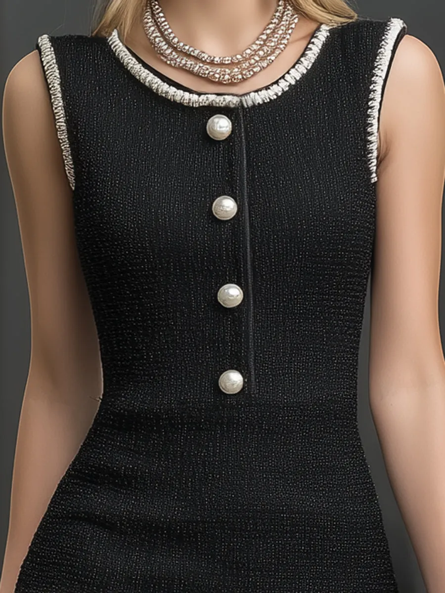 Elegant Black Tweed With White Ribbon Trim And Button Details Mini Dress sold by Oyrosy product image thumbnail 3