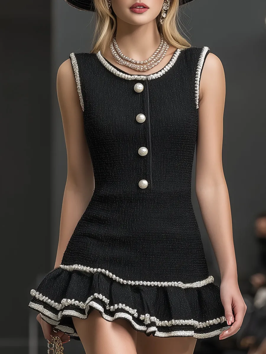Elegant Black Tweed With White Ribbon Trim And Button Details Mini Dress sold by Oyrosy