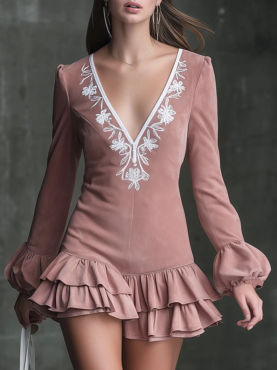 Vintage Pink Faux Suede V-neck Embroidered Ruffle Mini Dress sold by Oyrosy