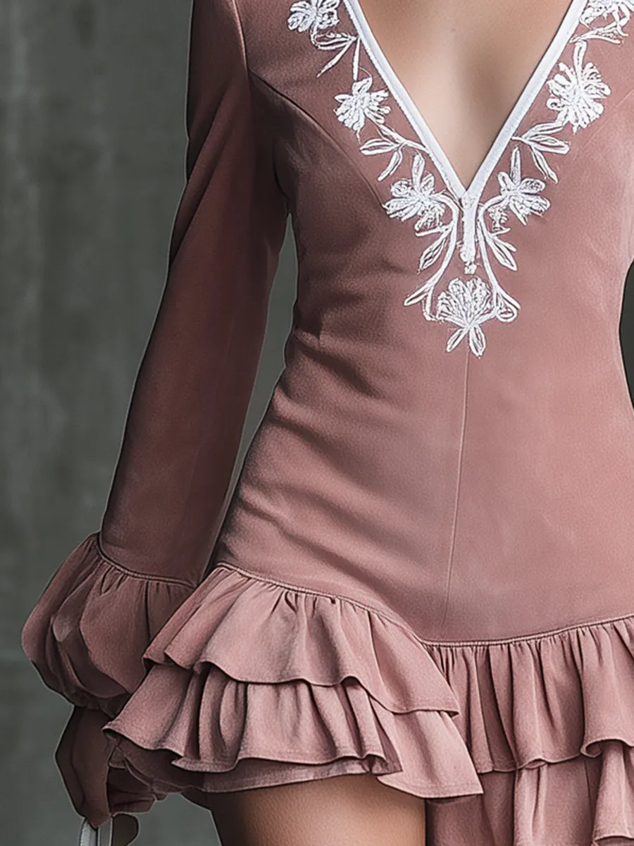 Vintage Pink Faux Suede V-neck Embroidered Ruffle Mini Dress sold by Oyrosy product image thumbnail 3