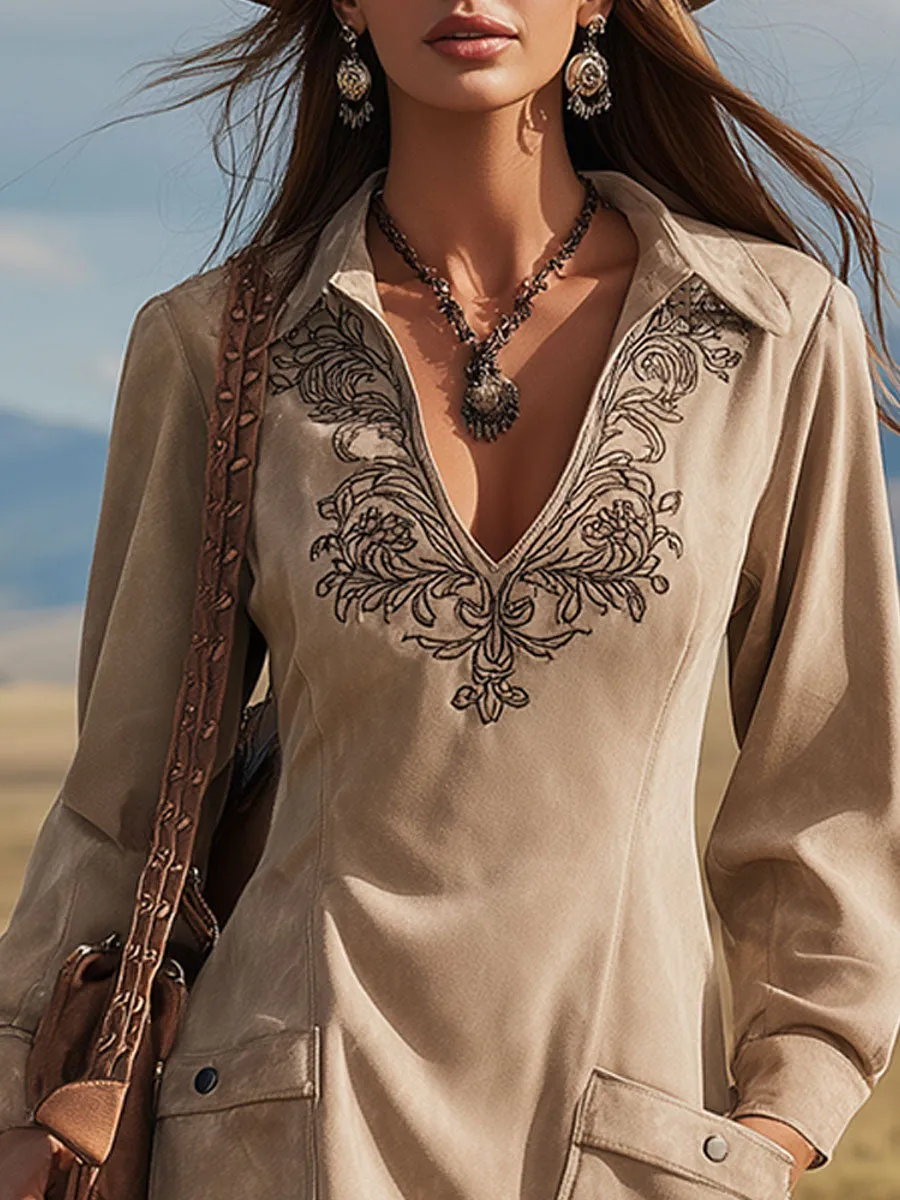 Western-style Vintage Embroidered Khaki V-neck Faux Suede Mini Dress sold by Oyrosy product image thumbnail 3