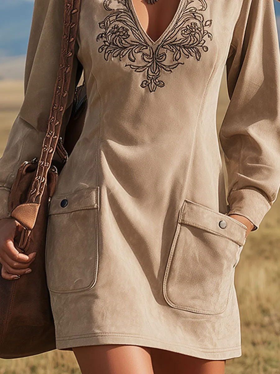 Western-style Vintage Embroidered Khaki V-neck Faux Suede Mini Dress sold by Oyrosy product image thumbnail 4