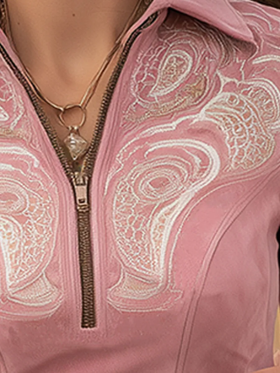 Western-style Vintage Embroidered Pink Collared Faux Suede Half-zip Shirt sold by Oyrosy product image thumbnail 3