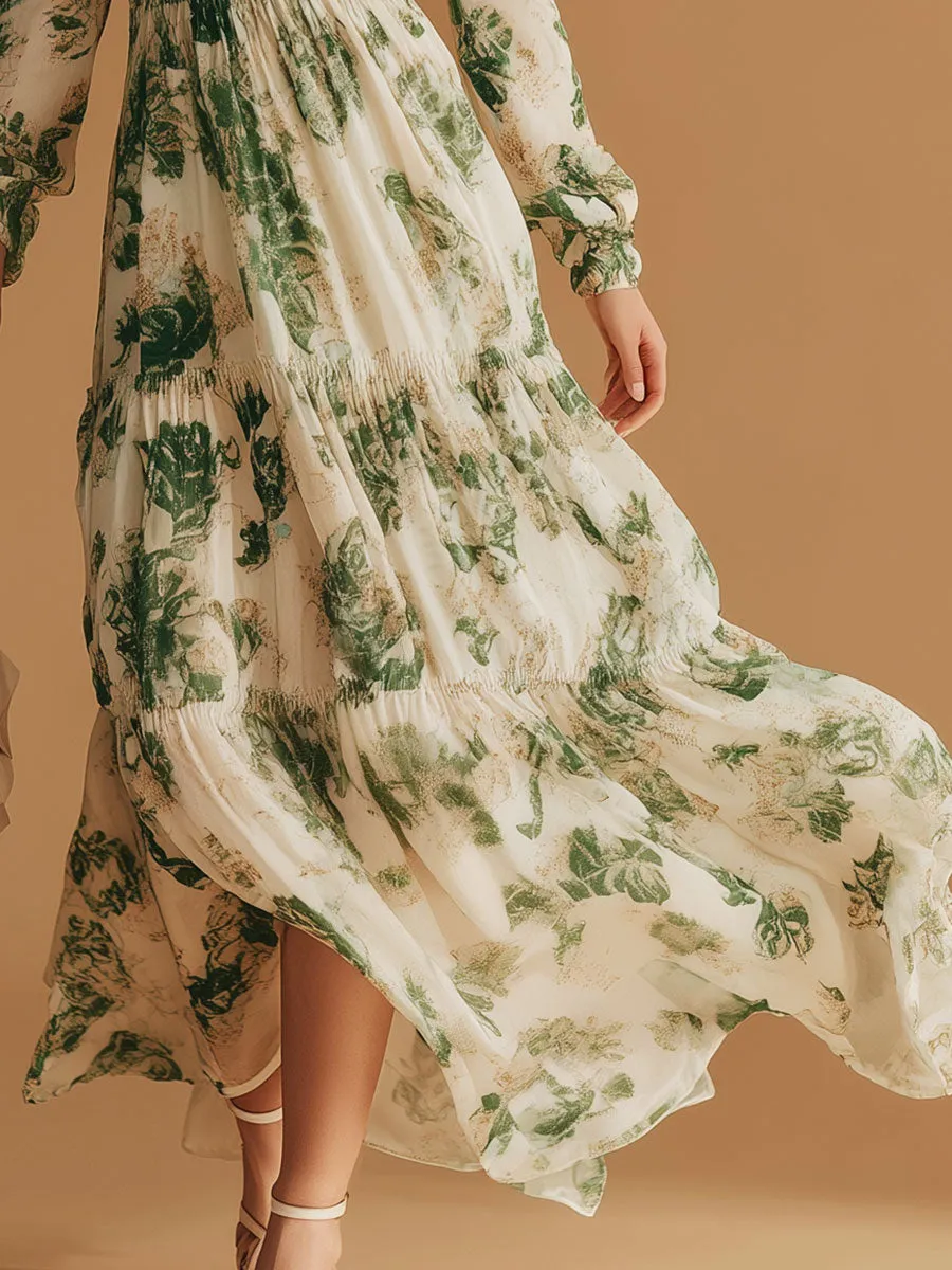 Stylish And Elegant Green Floral Beige Chiffon Maxi Dress sold by Oyrosy product image thumbnail 4