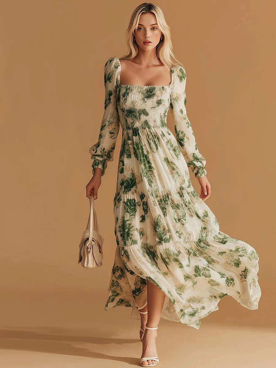 Stylish And Elegant Green Floral Beige Chiffon Maxi Dress sold by Oyrosy product image thumbnail 2