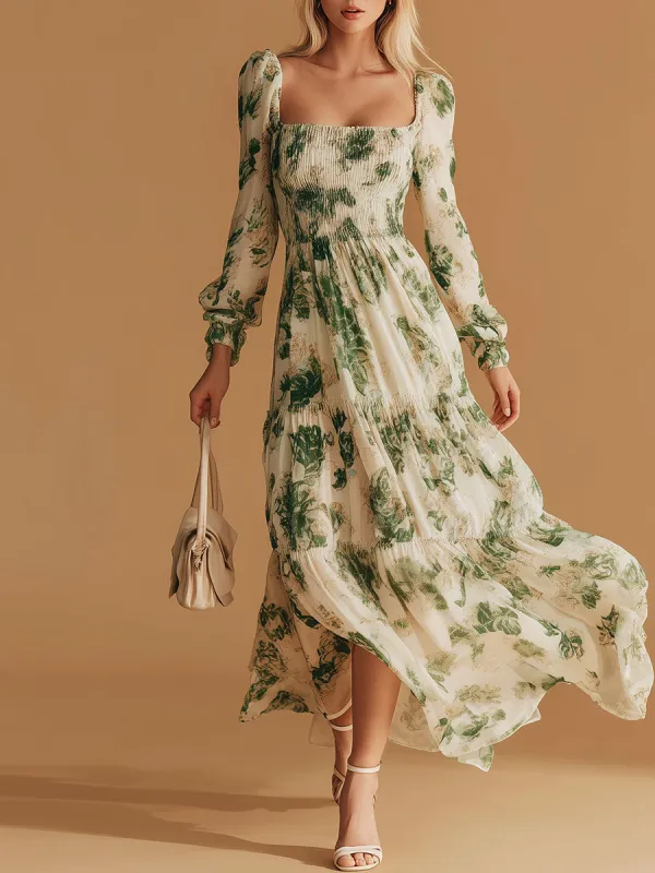 Stylish And Elegant Green Floral Beige Chiffon Maxi Dress sold by Oyrosy