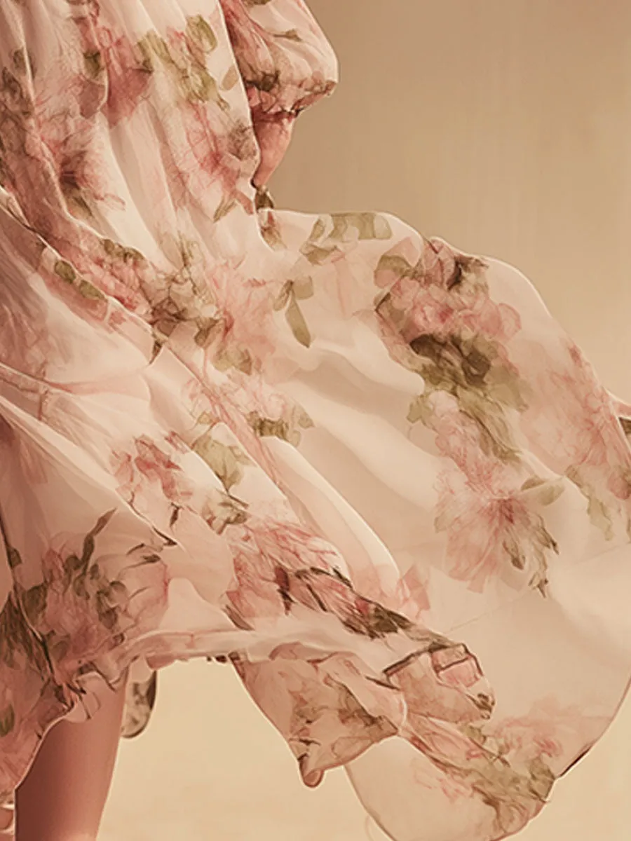 Stylish And Elegant Off-the-shoulder Floral Print Pink Chiffon Maxi Dress sold by Oyrosy product image thumbnail 4
