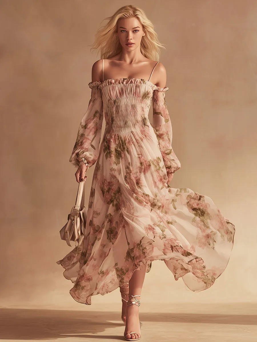Stylish And Elegant Off-the-shoulder Floral Print Pink Chiffon Maxi Dress sold by Oyrosy product image thumbnail 2
