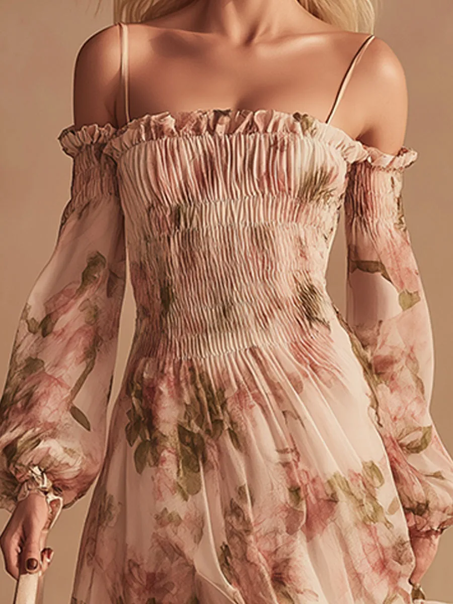 Stylish And Elegant Off-the-shoulder Floral Print Pink Chiffon Maxi Dress sold by Oyrosy product image thumbnail 3