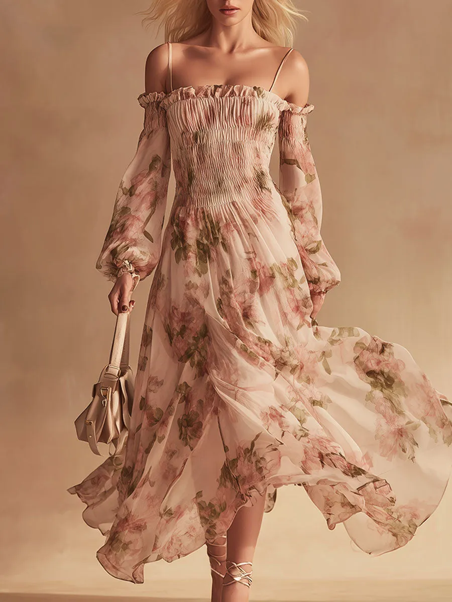 Stylish And Elegant Off-the-shoulder Floral Print Pink Chiffon Maxi Dress sold by Oyrosy