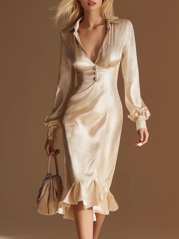Stylish And Elegant Champagne-colored Printed Lapel Satin Midi Dress sold by Oyrosy