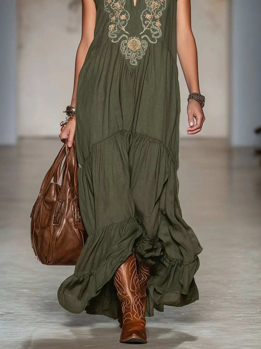 Lapel V-neck Vintage Embroidered Cotton And Linen Sleeveless Maxi Dress sold by Oyrosy product image thumbnail 3