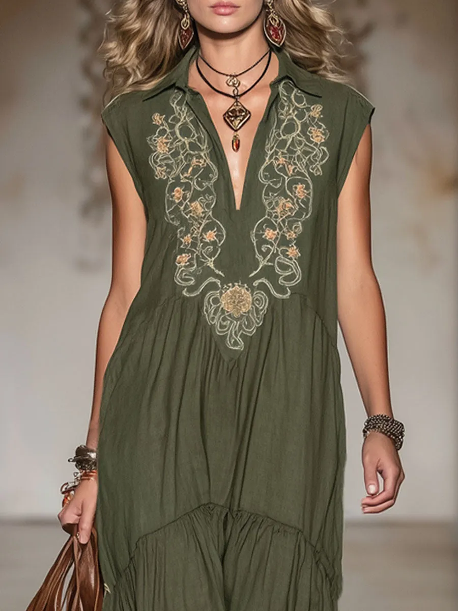 Lapel V-neck Vintage Embroidered Cotton And Linen Sleeveless Maxi Dress sold by Oyrosy product image thumbnail 2