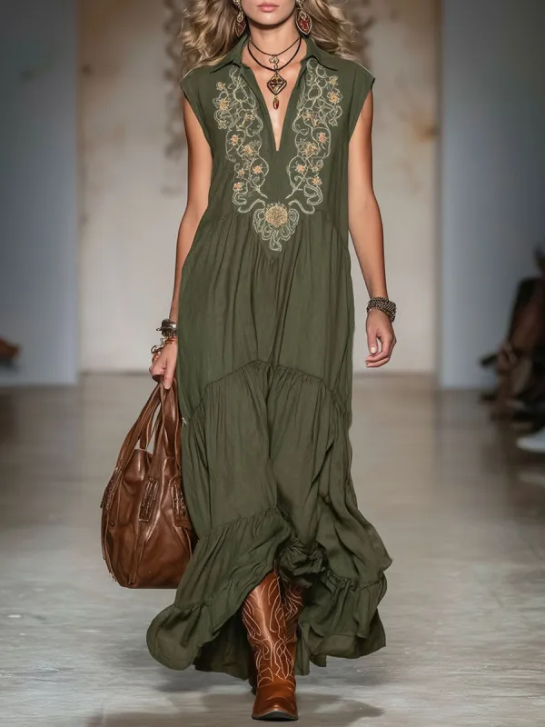 Lapel V-neck Vintage Embroidered Cotton And Linen Sleeveless Maxi Dress sold by Oyrosy