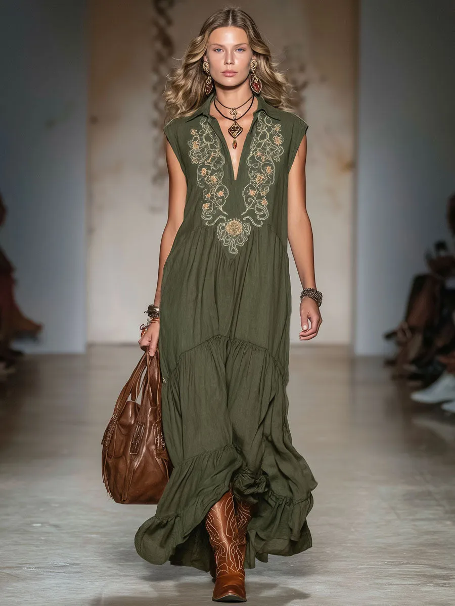 Lapel V-neck Vintage Embroidered Cotton And Linen Sleeveless Maxi Dress sold by Oyrosy product image thumbnail 4