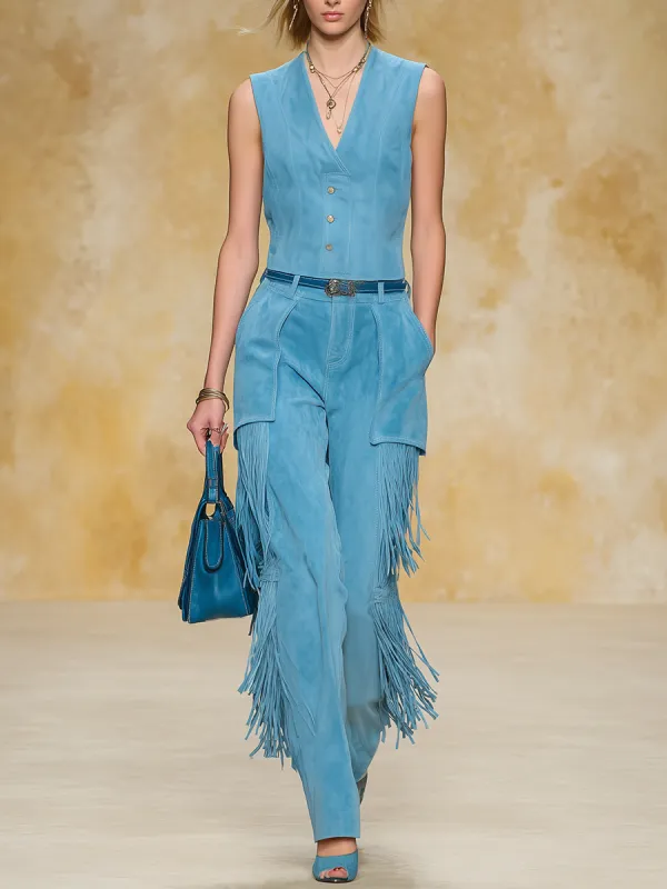 Vintage And Elegant V-neck Vest And Faux Suede Fringe Trousers Set made by Oyrosy