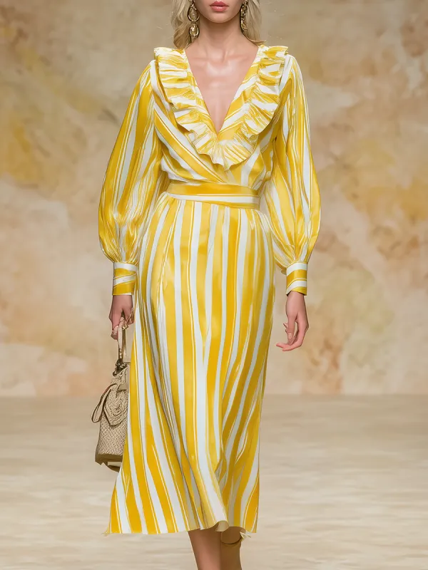 Vintage-style Fashionable V-neck Ruffled Striped Chiffon Midi Dress sold by Oyrosy