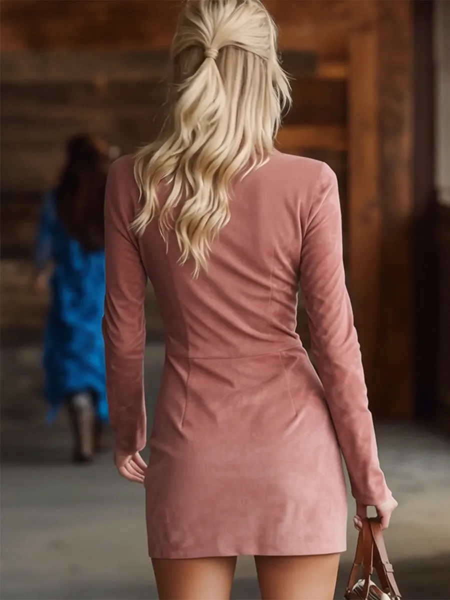 Western-style Pink Faux Suede Irregular Buttoned With Fringe Details Mini Dress sold by Oyrosy product image thumbnail 3