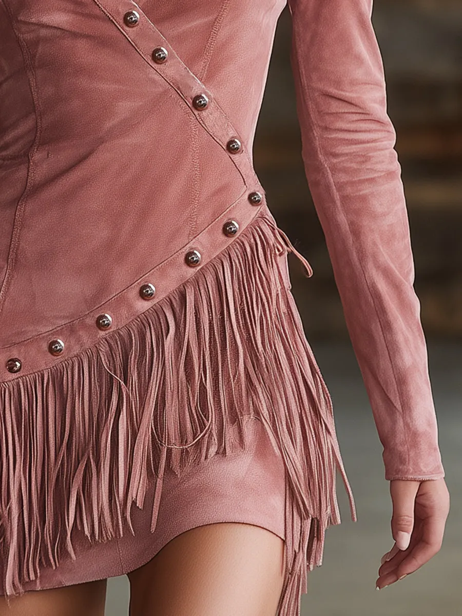 Western-style Pink Faux Suede Irregular Buttoned With Fringe Details Mini Dress sold by Oyrosy product image thumbnail 5