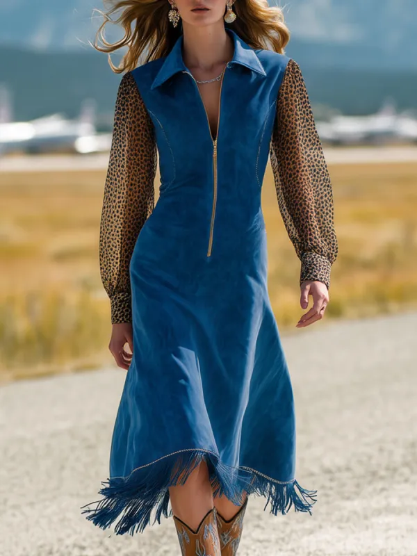 Western Retro Leopard Print Chiffon Long-Sleeved Blue Faux Suede Tassel Midi Dress sold by Oyrosy