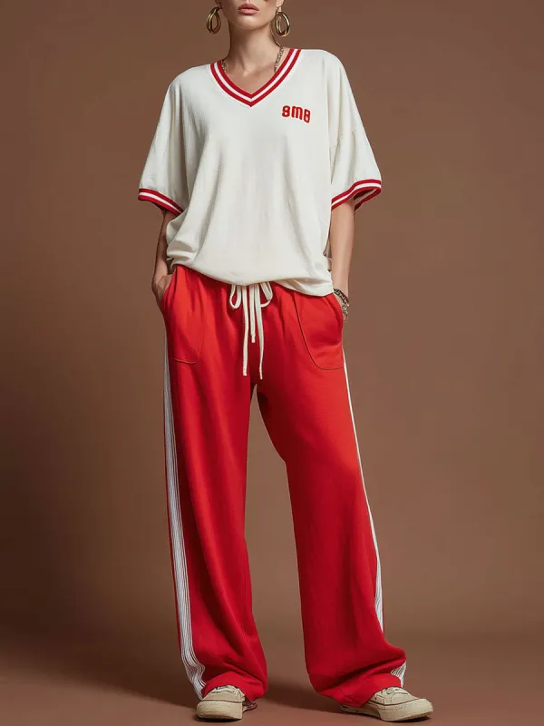 Sporty Retro Red Pure Cotton Embroidered Short-Sleeve T-Shirt And Wide-Leg Pants Set sold by Oyrosy