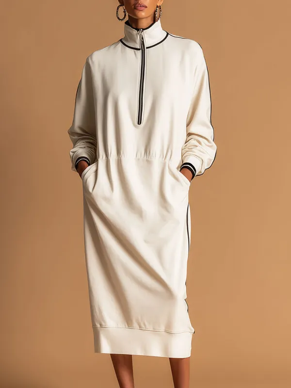 Sporty Retro-style Woven Off-white Cotton Blend Long-sleeved Midi Dress sold by Oyrosy