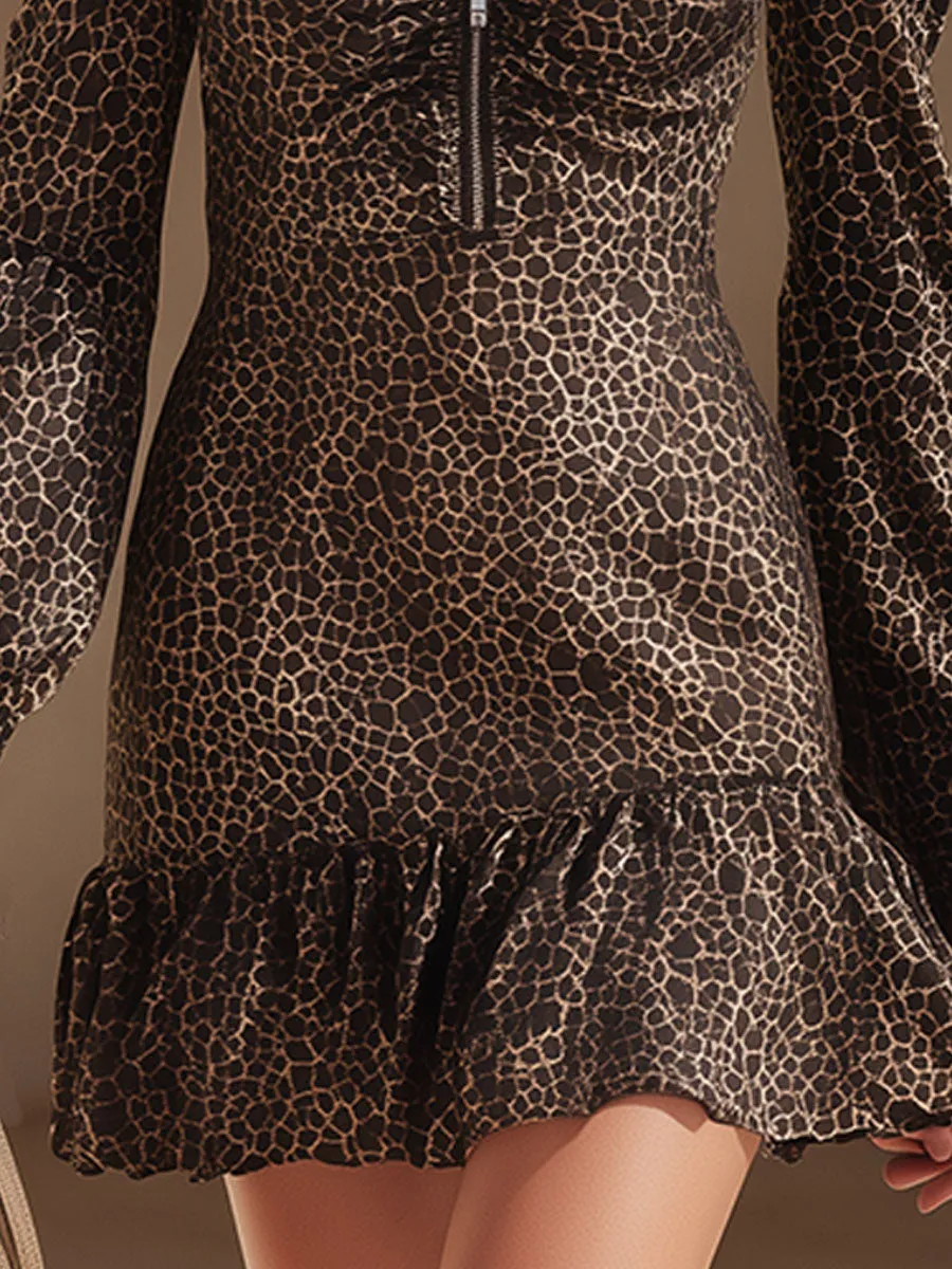 Western Retro Brown Leopard Print Off-Shoulder Stand Collar Zipper Faux Suede Mini Dress sold by Oyrosy product image thumbnail 4