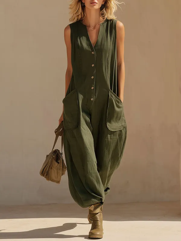 Casual And Stylish V-neck Front-button Sleeveless Green Cotton And Linen Jumpsuit sold by Oyrosy