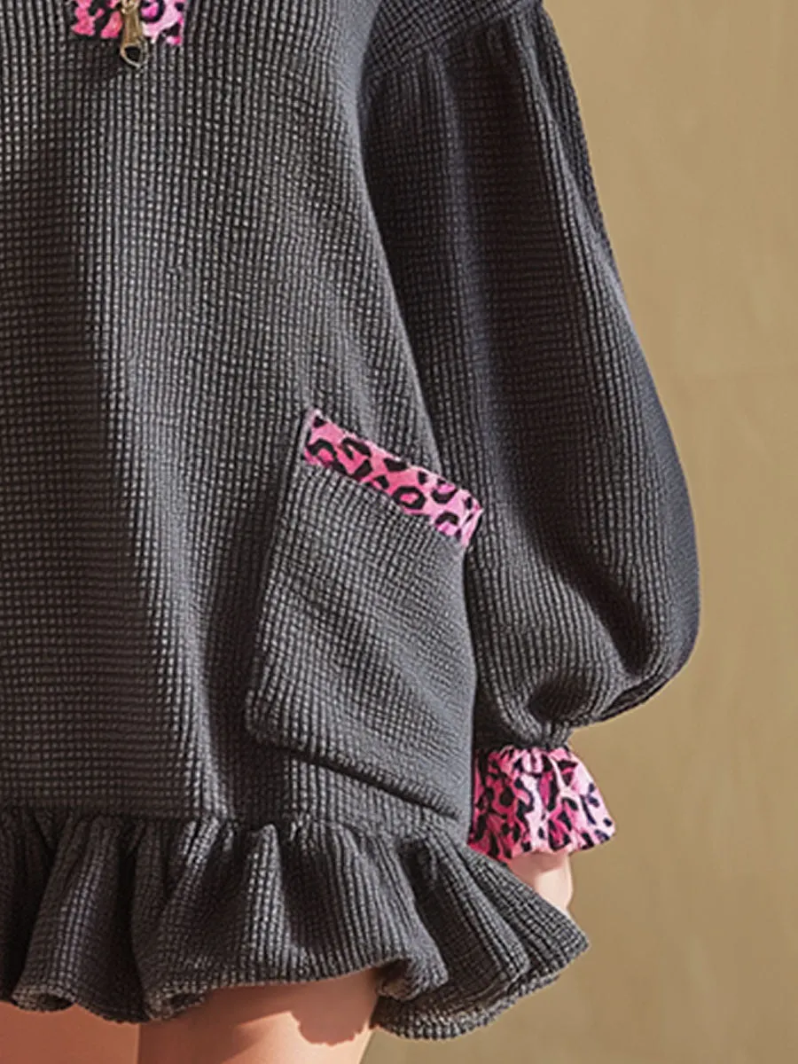 Stylish Loose-fitting Pink Leopard Print And Gray Waffle Mini Dress sold by Oyrosy product image thumbnail 3