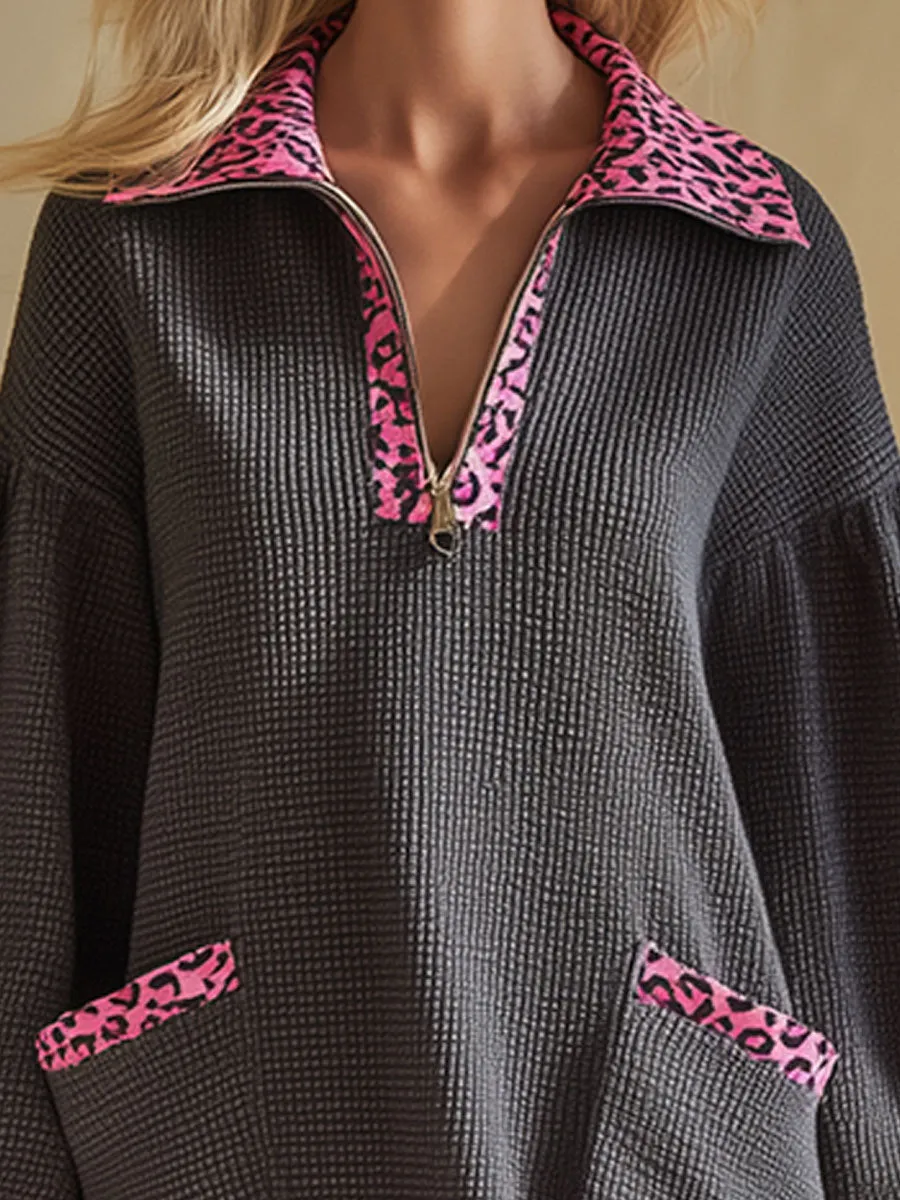 Stylish Loose-fitting Pink Leopard Print And Gray Waffle Mini Dress sold by Oyrosy product image thumbnail 4