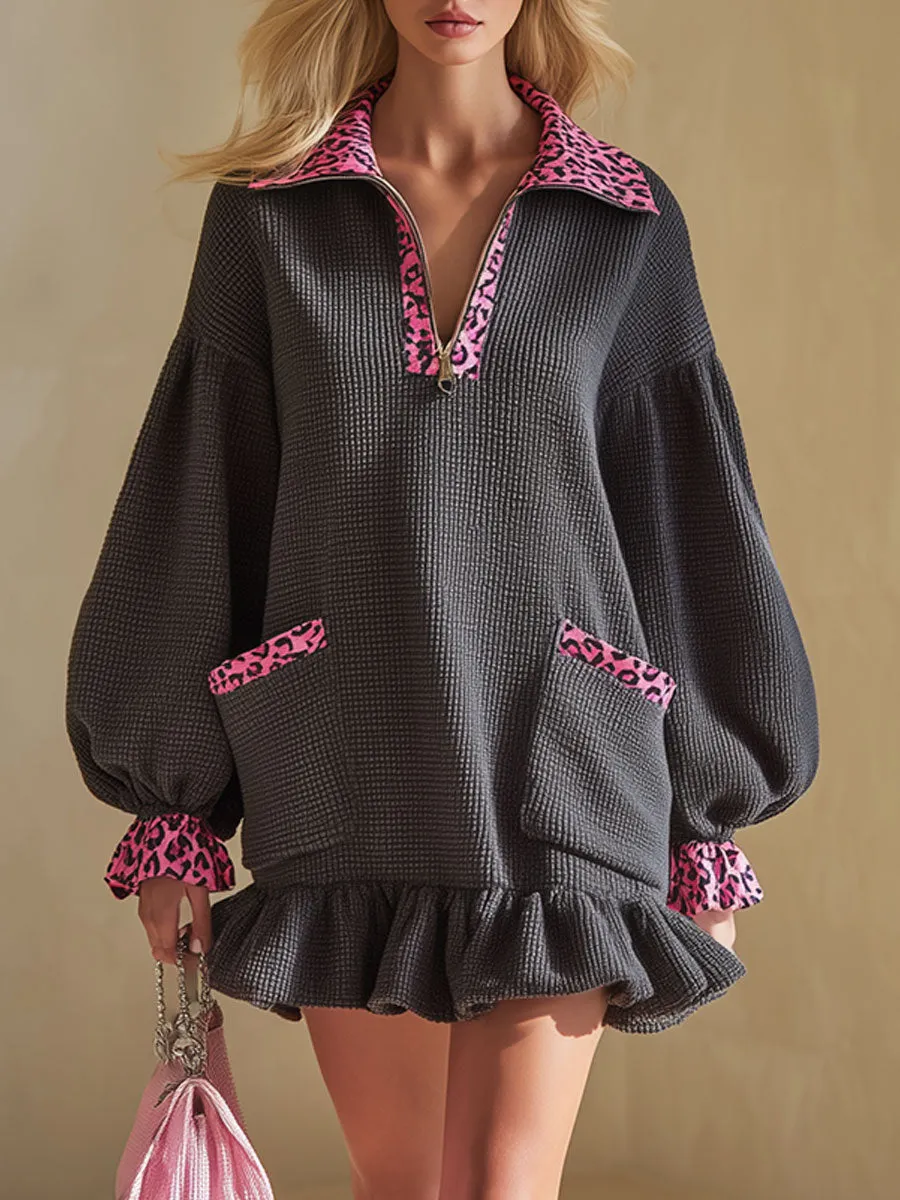 Stylish Loose-fitting Pink Leopard Print And Gray Waffle Mini Dress sold by Oyrosy