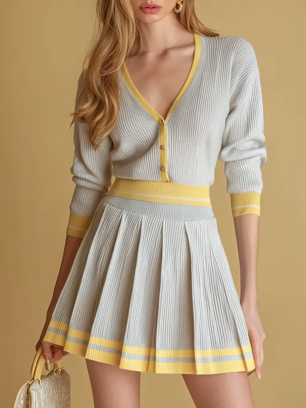 Vintage And Elegant Color-blocked Knitted Top And Pleated Skirt Set sold by Oyrosy