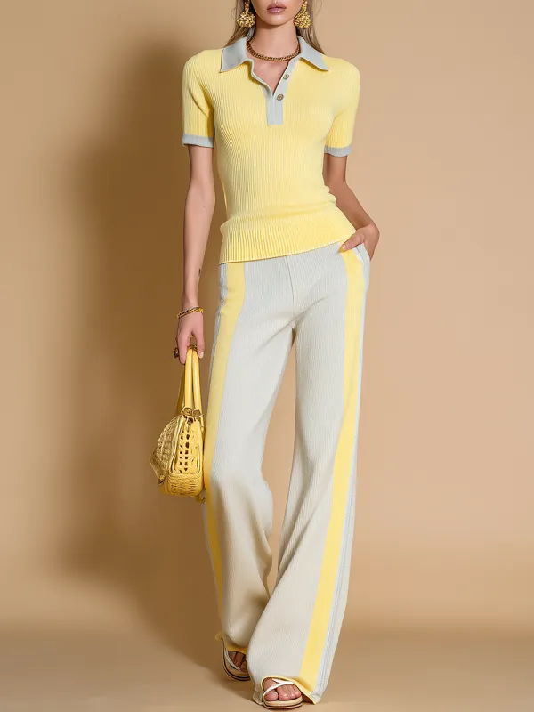Retro Color-blocked Knitted T-shirt And Wide-leg Pants Set sold by Oyrosy
