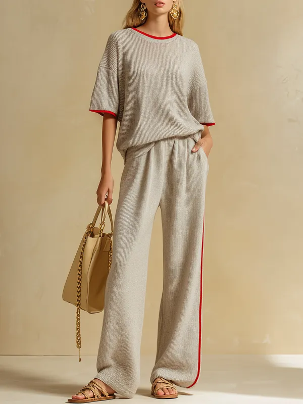 Retro-style Lightweight Color-block Knitted T-shirt And Wide-leg Pants Set sold by Oyrosy