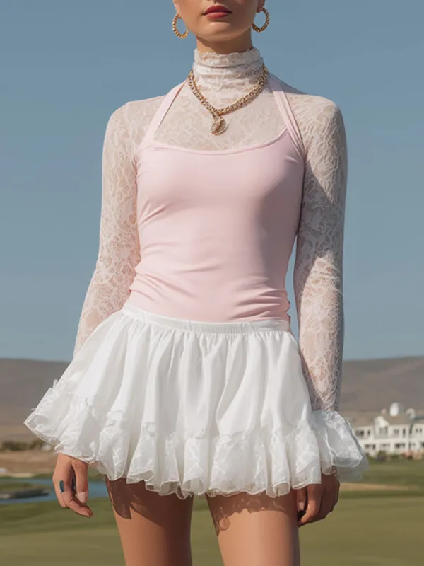 Fashionable Sporty Lace Long-sleeved Pink Vest With Ruffled Skirt Three-piece Set sold by Oyrosy