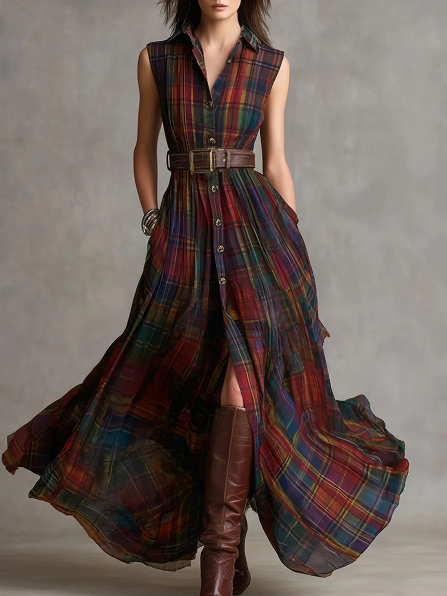 Vintage Ethnic Style Plaid Printed Sleeveless Maxi Dress sold by Oyrosy