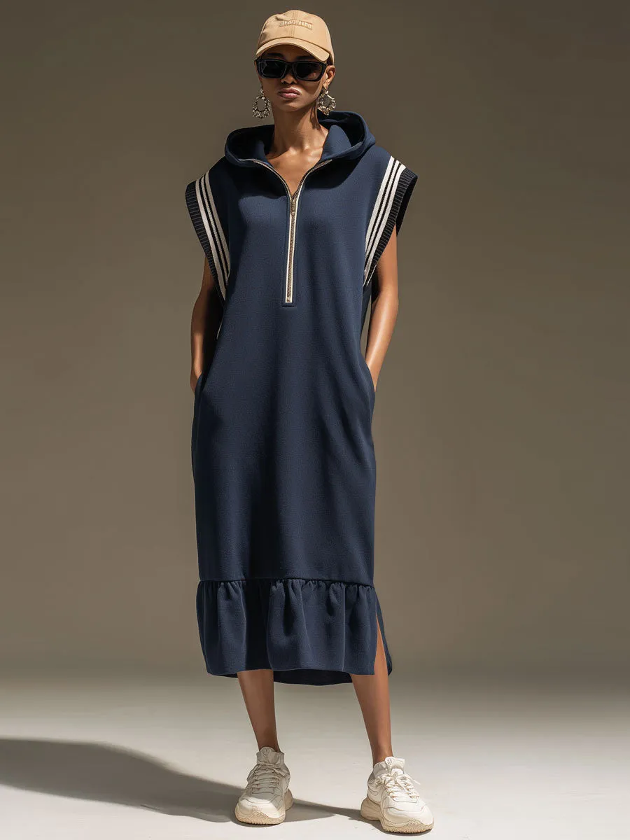 Sporty Retro Hooded Striped Ruffled Navy Blue Cotton Sleeveless Midi Dress sold by Oyrosy product image thumbnail 2
