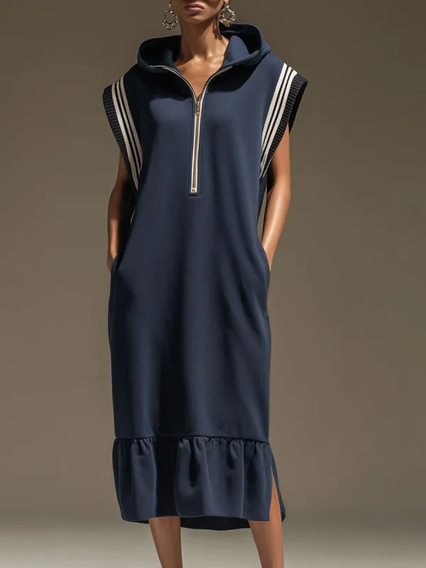 Sporty Retro Hooded Striped Ruffled Navy Blue Cotton Sleeveless Midi Dress sold by Oyrosy